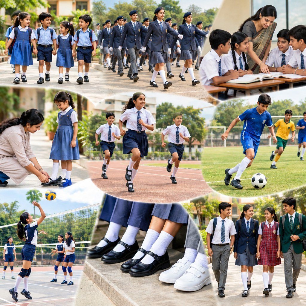 Indian schoolchildren in different uniforms wearing black and white school shoes during assembly, classroom and sports